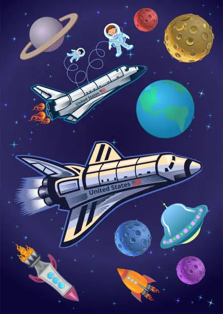 Vector illustration of Astronaut kids on the rocket in space expedition.