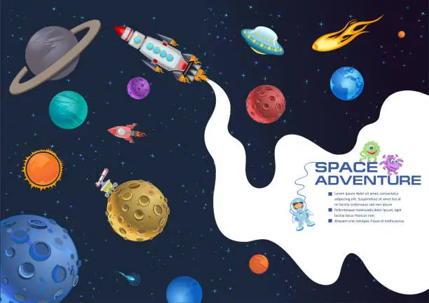 Vector illustration of Astronaut kids on the rocket in space expedition.