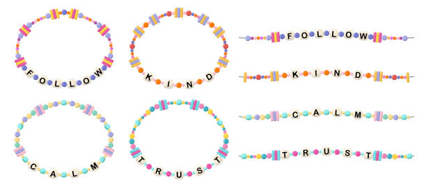 Bracelets from words follow, kind, calm, trust Collection of vector jewelry, children's ornaments. Bracelet of handmade plastic beads. Set of bright colorful braided bracelets with letters from words follow, kind, calm, trust friendship bracelets hands stock illustrations
