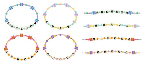 Vector illustration of Bracelets from words freedom, brave, strong, proud