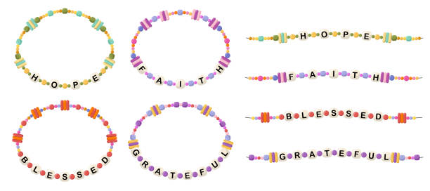 Bracelets from words hope, faith, blessed, grateful Collection of vector jewelry, children's ornaments. Bracelet of handmade plastic beads. Set of bright colorful braided bracelets with letters from words hope, faith, blessed, grateful. friendship bracelets hands stock illustrations