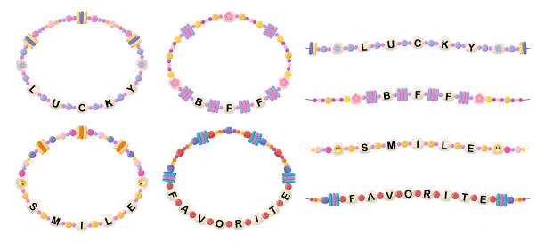Bracelets from words lucky, bff, smile, favorite Collection of vector jewelry, children's ornaments. Bracelet of handmade plastic beads. Set of bright colorful braided bracelets with letters from words lucky, bff, smile, favorite friendship bracelets hands stock illustrations