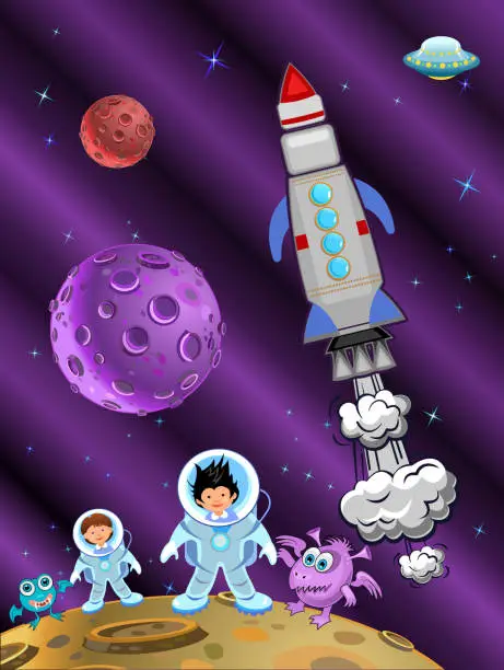 Vector illustration of Astronaut kids on the rocket in space expedition.