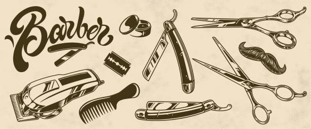 Barber equipment set stickers monochrome hair clipper and razor machines near blades and scissors for hairdresser interior design vector illustration