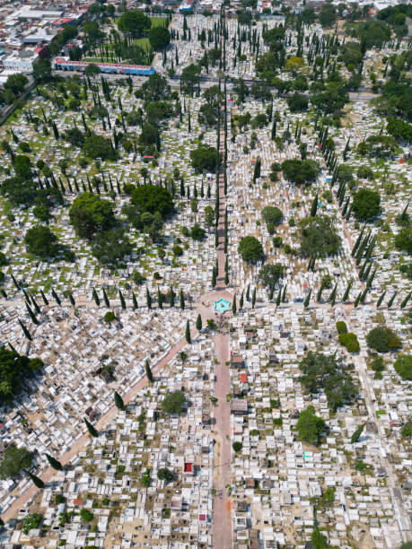 skyward memories: drone's eye over mezquitan cemetery, guadalajara - cemetery tombstone grave old imagens e fotografias de stock