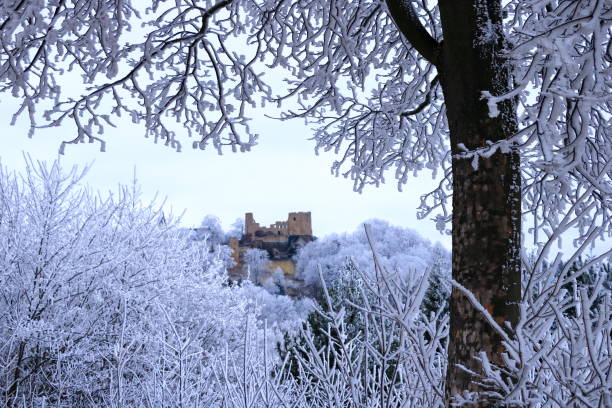 On November 29th 2022, the Rabenstein Castle in Chemnitz-Rabenstaein area during a snowy autumn day. It is the smallest Castle in Saxony state but it is said that it is the smallest medieval castle in the whole Europe. A fortress built in 11000 AC to protect Sankt Paul im Lavanttal