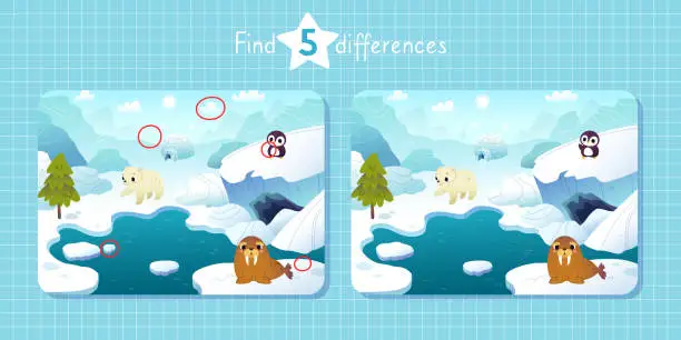 Vector illustration of Cartoon mini game for kids with arctic animals. Find differences vector game with North Pole.