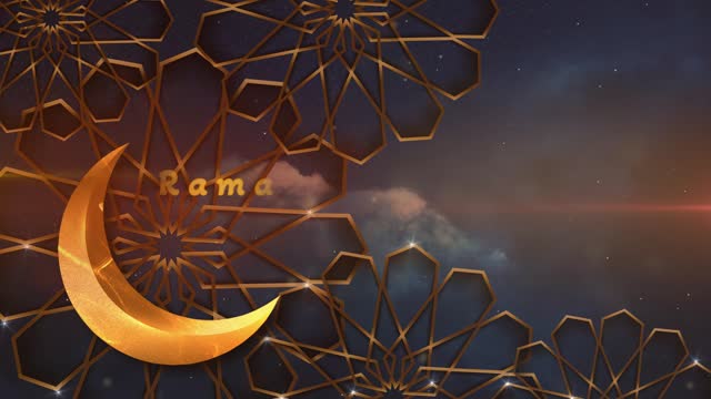 ramadan kareem background animation. Greeting ramadhan islamic celebration, video banner with blue night Sky on gold Arabic frames and magical Crescent moon, copy space for your text and special effects