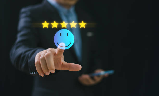 istock Customer satisfaction survey concept. Five-star service experience rate online application. Employee wellbeing happy health, smile relax face, satisfaction feedback review. Rate 5-star satisfaction 2022658868