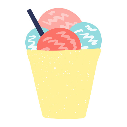 Ice cream in a cup illustration, isolated. Cartoon hand drawn flat style design. Summer holidays, vacations, outdoors, beach activity, pool party, seasonal element