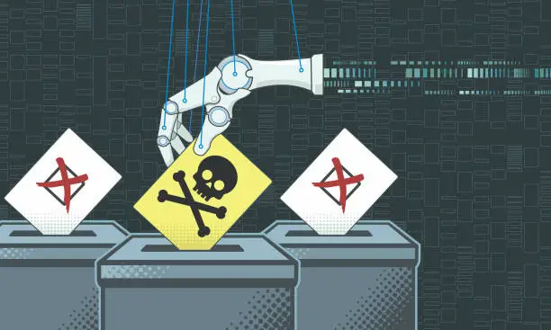 Vector illustration of robot puppet hand vote tampering with democracy for AI election interference concept illustration