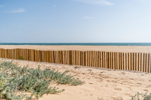 Sand beach with sea behind, dune fencing in wood