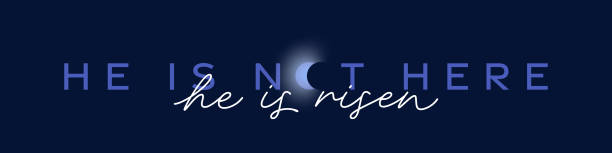 Easter banner with lettering quote : He is not there He is risen (Matthew 28.6). Easter Sunday christian typography poster with tomb of Christ. He is not here He is risen Easter banner with open tomb of Jesus Christ. Easter Sunday vector poster. empty tomb resurrection stock illustrations