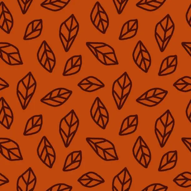 Vector illustration of Seamless pattern of abstract brown leaves on orange background. Monochrome sketch. Hand drawn digital paper in Doodle tyle. Blackboard for wallpaper, fabric, packing, wrapping