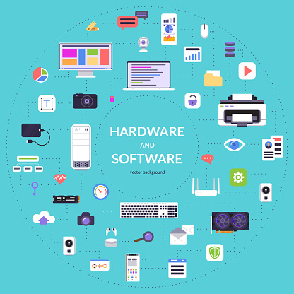 Software and hardware concept background with set of icons of applications, programs, gadgets, devices, peripherals, multimedia. Vector illustration in flat style with hardware and software symbols.