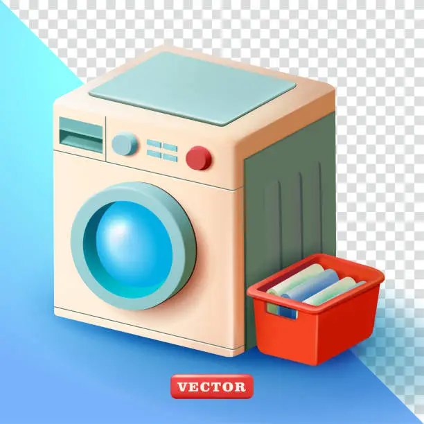Vector illustration of Washing machine and pile of fabric in basket. 3d vector, suitable for laudry and design elements