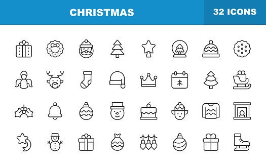 Christmas Line Icons. Editable Stroke, Contains such icons as Christmas Ball, Christmas Lights, Christmas Tree, Christmas Wreath, Decoration, Gift, Santa Claus, Snowman.