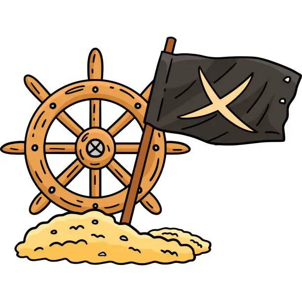 Vector illustration of Pirate Helm with an X Flag Cartoon Colored Clipart