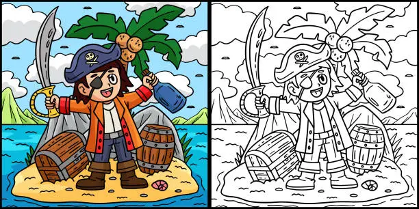 Vector illustration of Pirate Captain on an Island Coloring Illustration