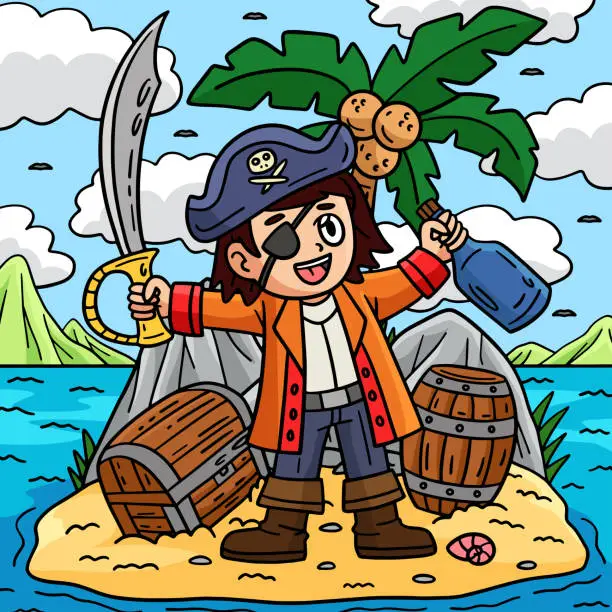 Vector illustration of Pirate Captain on an Island Colored Cartoon