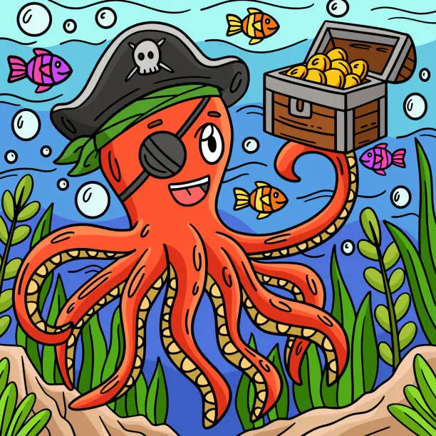 Vector illustration of Pirate Octopus Holding Chest Colored Cartoon
