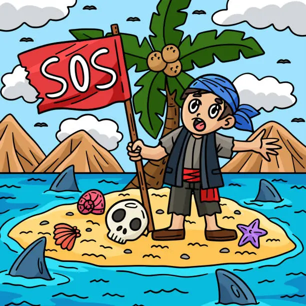 Vector illustration of Pirate with SOS Flag Colored Cartoon Illustration