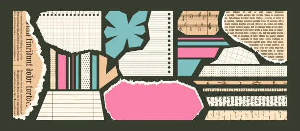 Vector illustration of Set of torn newspapers and Notebook sheets for modern Collages. Cut strips of Paper with uneven edges. Pieces of musical notes, vintage book pages trendy design in scrapbook. Ripped notepad textbox.