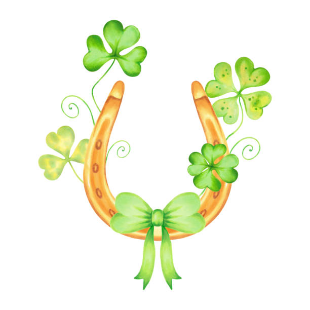 istock Composition with clover petals and golden horseshoe with green bow.Watercolor and marker illustration.Hand drawn Irish symbol for St. Patrick's Day.Isolated sketch element of luck, wealth or success. 2022729705