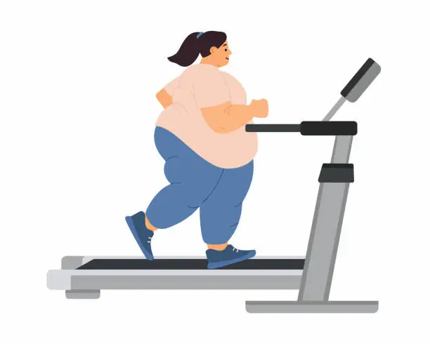 Vector illustration of Overweight women jogging or running on treadmill for weight loss Cardio workout vector illustration