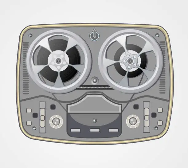 Vector illustration of Vintage retro style reel to reel tape deck. Obsolete tape recorder with two bobbins on  background