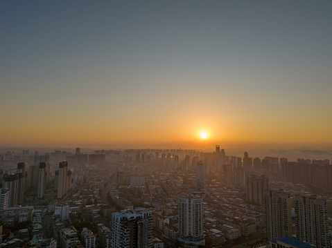 Bird's-eye view of the city at sunrise Stock