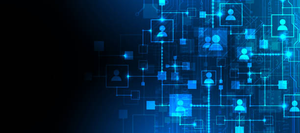abstraktní reprezentace počítačové sítě a jejích uživatelů ve formě ikon lidí ve čtvercích. vektorová ilustrace. ručně kreslené. - tvorba sítě kontaktů stock ilustrace