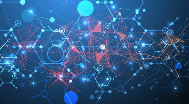 istock Abstract background on a scientific and technological theme. An image of hexagons on a dark blue background with a color plexus effect. Hand drawn vector. 2022750390