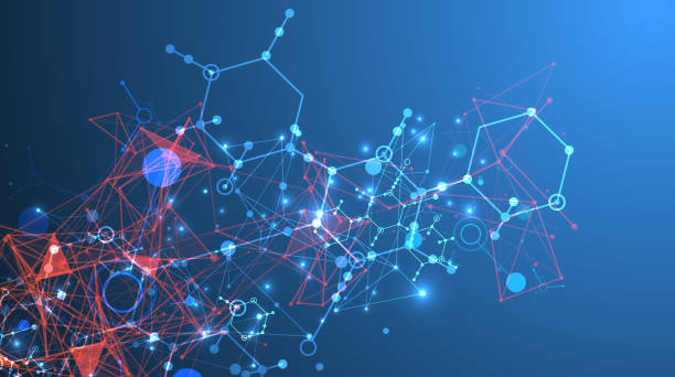 istock Abstract background on a scientific and technological theme. An image of hexagons on a dark blue background with a color plexus effect. Hand drawn vector. 2022750401