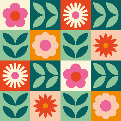 Abstract Scandinavian flower background. Modern geometric illustration in retro nordic style. Stock Illustration.