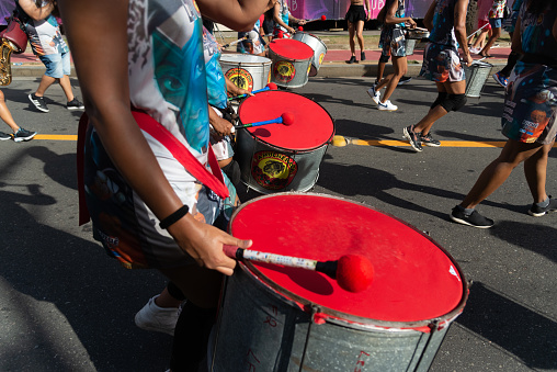 Salvador, Bahia, Brazil - February 03, 2024: Musicians from traditional groups perform musically during the Fuzue pre-carnival in the city of Salvador, Bahia.