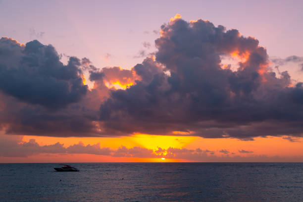 Sunbeams Breaking Through Clouds Over Sea.