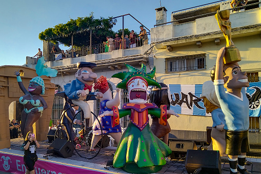 Montevideo, Uruguay -  February 11, 2024: Allegorical chariot parked at carlos gardel street, calls parade carnival, montevideo, uruguay.