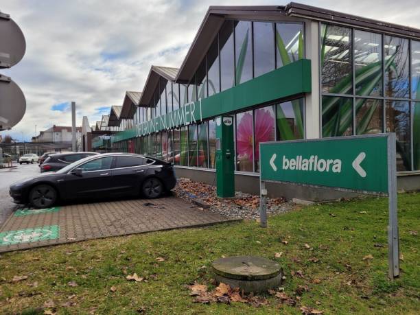 une photo statique d’une tesla model 3 noire en charge à deux moteurs à la station de recharge bellaflora ac par une journée d’hiver nuageuse. mise au point sélective - leonding photos et images de collection