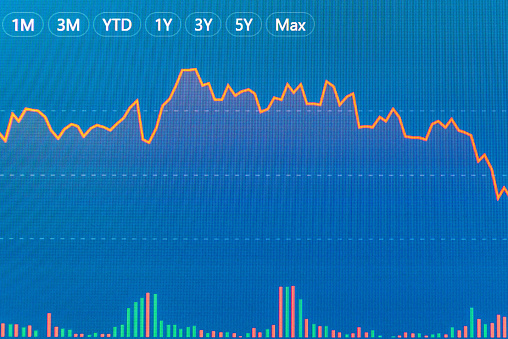 Crisis business finance curve blue background Investment, marketing crisis concept.Blurred image background.