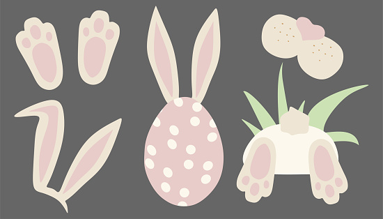 Rabbit or Bunny Vector Easter Set. Cartoon or Flat Isolated Illustration of Paws, Ears, Egg, Bottom with Tail and Cute Muzzle. Design Art for Holiday Greeting Card, Poster, Sticker pack with Pet.