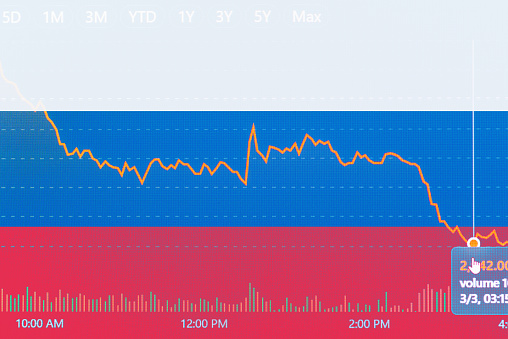 Crisis finance curve russia flag background Investment, marketing crisis concept.Blurred image background.Double exposure.