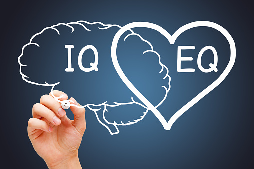 Hand drawing a heart and brain concept about the EQ emotional intelligence and IQ intelligence quotient.
