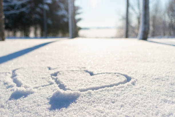 istock Couple drawn heart shape in the fresh snow.Blurred park trees forest background. 2022812948
