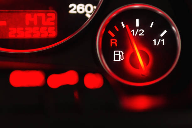 istock Fuel gauge with speedometer red indicator at empty level.Close-up car dash board petrol meter, fuel gauge, with over full gasoline in car. Clip.Gasoline sensor 2022829968