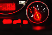 Fuel gauge with speedometer red indicator at empty level.Close-up car dash board petrol meter, fuel gauge, with over full gasoline in car. Clip.Gasoline sensor