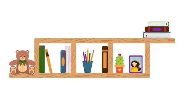 Vector illustration of Vector children's bookshelf. Shelf with toys. Children's room element with books, cactus and teddy bear.