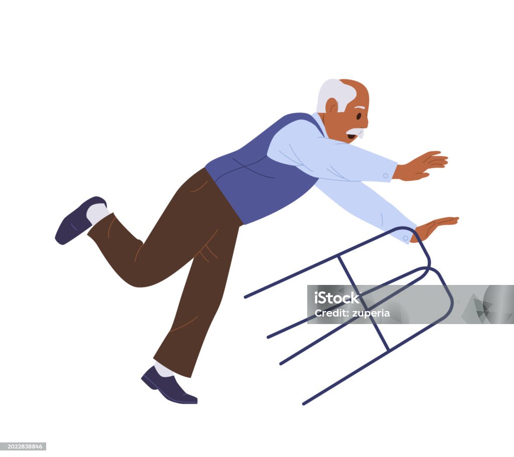 Dusting With Walker Aged Senior Man Cartoon Character With Walkers Falling Down Vector ...