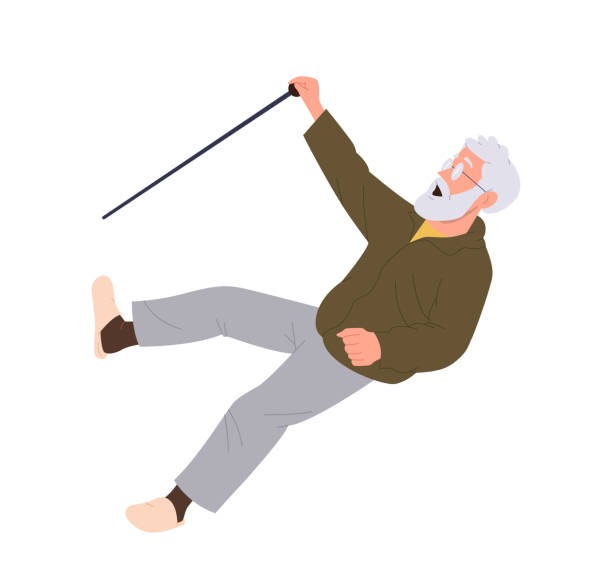 älterer rentner cartoon-figur mit stock, der fällt, schwindelgefühl, ausrutschen oder stolpern - falling people tripping senior adult stock-grafiken, -clipart, -cartoons und -symbole