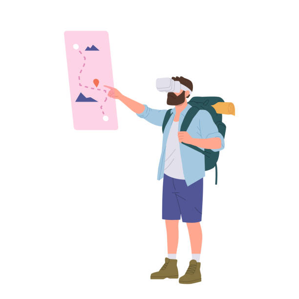 istock Man traveler cartoon character wearing vr glasses enjoying trip in augment reality isolated on white 2022839259